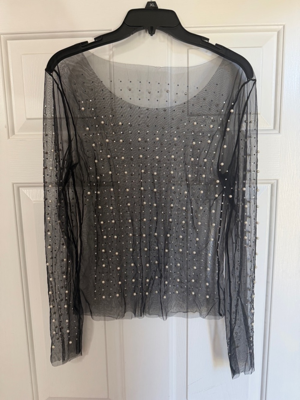 Black Pearl-Embellished Sheer Long Sleeve Tee